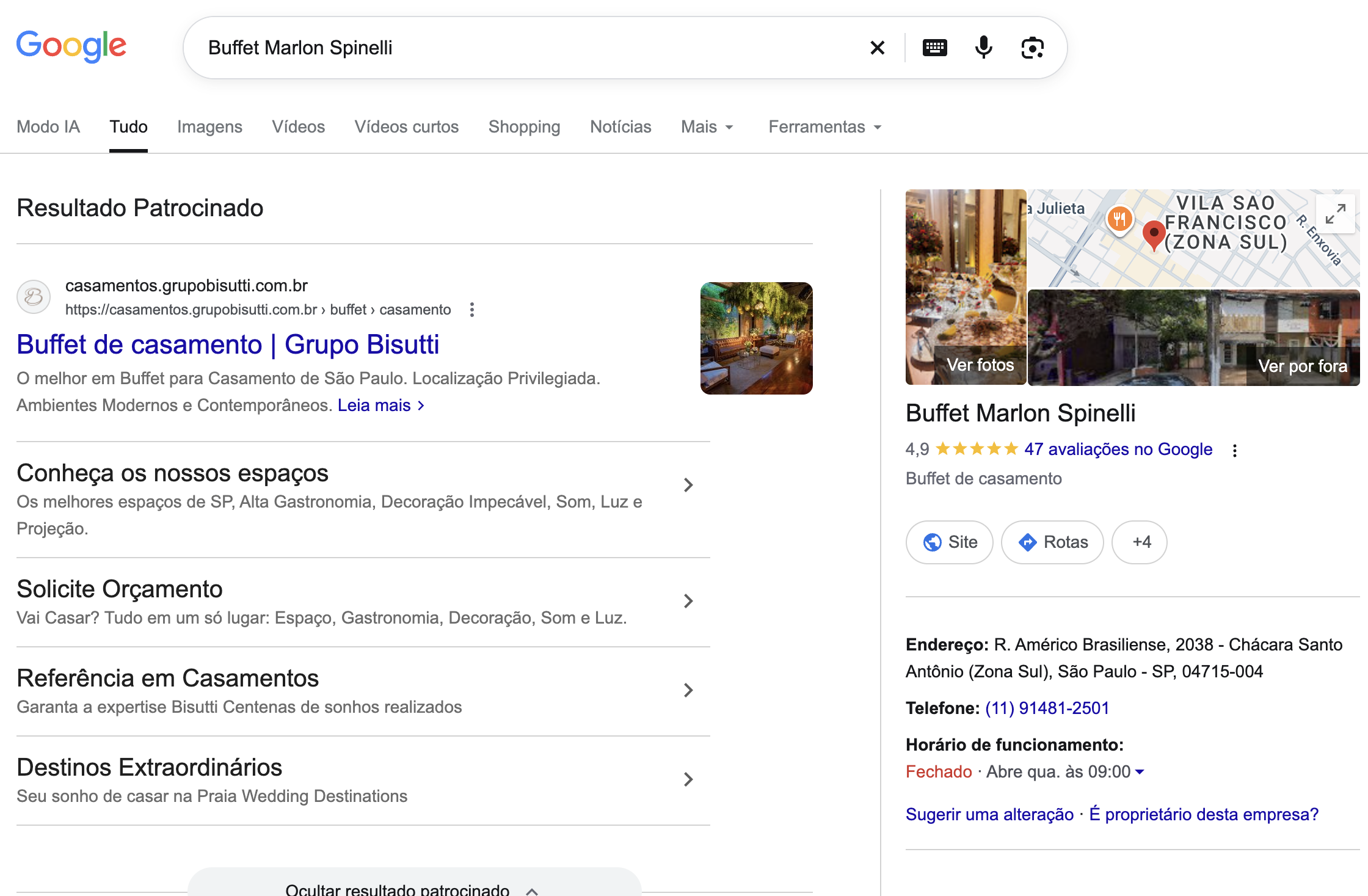 Busca por Buffet Marlon Spinelli no Google, com anúncio do Grupo Bisutti no topo
